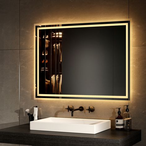 EMKE Rechteckiger Lichtspiegel 60x80cm Badspiegel Warmweiß mit Doppelt Mattierter Rand Wandschalter
