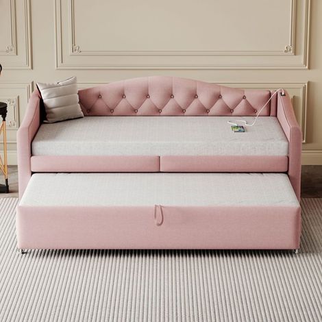 Canapé-lit extensible - GUTENT - 90x200 cm - Tissu lin - Port USB - Sommier inclus