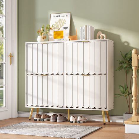 Meuble à chaussures basculant étroit – 4 vantaux – Gain de place – Anti-basculement – Cloisons réglables – Blanc – 100 × 24 × 91,5 cm – Pour entrée ou couloir (1/5)