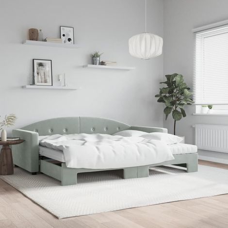 Daybed with Trundle and Mattresses Light Grey 90x190 cm Velvet vidaXL