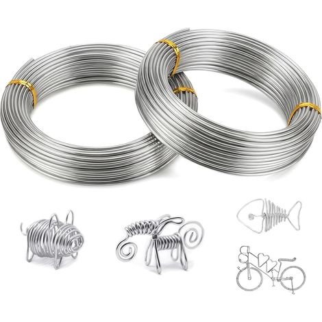 Lot de 2 fils de bricolage, 1 mm, 50 m, en aluminium souple, argenté, pour travaux manuels, sculpture, modélisme, squelette, fabrication de fleurs, poupées, fabrication de bijoux (1/5)