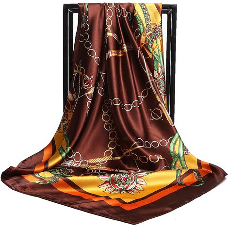 Foulard Carré Satin - 90 x 90 cm - Pour Cheveux Col ou Accessoire Sac - Polyester - Noir Café - 1 Pièce (1/5)