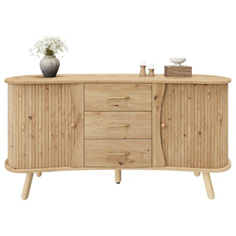 Buffet Scandinave Moderne en Panneaux de Fibres à Densité Moyenne (MDF), avec Surface Texturée, 2 Portes Coulissantes, 3 Tiroirs Extensibles et Compartiments Réglables en Hauteur, Pieds en Bois Massif