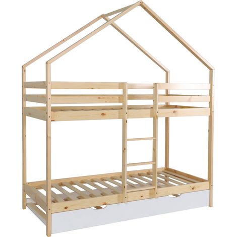 sweeek - Kinder-Etagenbett Hausbett 90 x 190 cm aus Kiefernholz mit Ausziehbett (1/5)