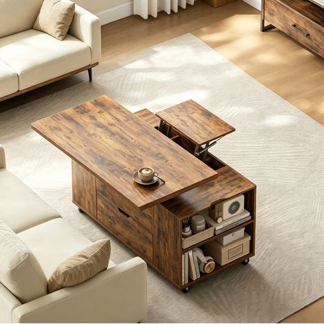 Tavolino da salotto rialzabile con ruote, 100 x 50,5 x 53 cm, legno e metallo (1/5)