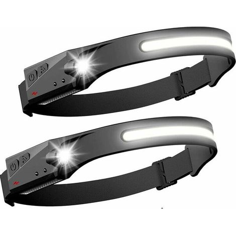 Paquete de 2 linternas frontales LED con sensor, potente faro COB XPE, 5 modos, recargable por USB, luz de correr resistente al agua, ideal para acampar, leer, hacer senderismo, ciclismo, pesca y pase (1/5)