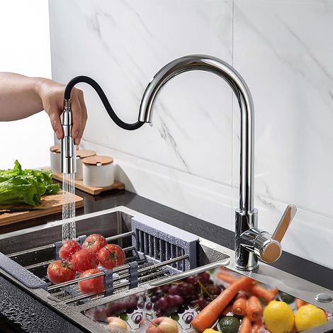robinet de cuisine amovible, robinet de cuisine pivotant à 360°, mitigeur de cuisine en acier inoxydable à 3 modes, robinet haute pression pour évier de cuisine (chrome - grande tête) (1/5)