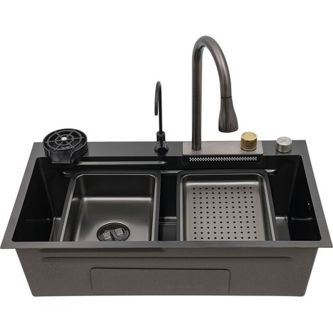 Évier de Cuisine, Cascade Multifonction, Evier de Cuisine à Comptoir Lavabo Acier Inoxydable avec Lave Verre & Robinet Extractiblen Haute Pression Noir 80x45 cm (1/5)