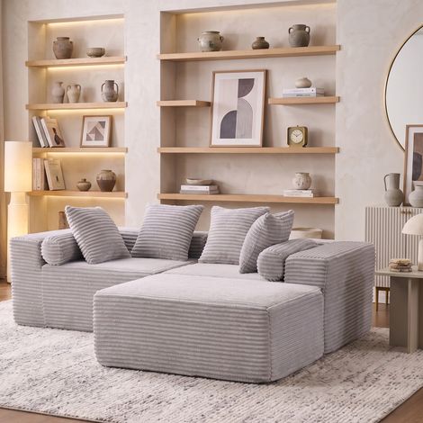 Section transversale modulaire avec fauteuil lounge en forme de L, canapé nuage, canapé moelleux pour salon ou chambre - aucune installation requise - tissu chenille (gris) (1/4)