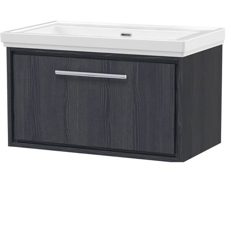 Longnor 1 Drawer Wall Hung Vanity Unit with 0 Tap Hole Traditional Fireclay Basin, Woodgrain Graphite Grey, 800mm