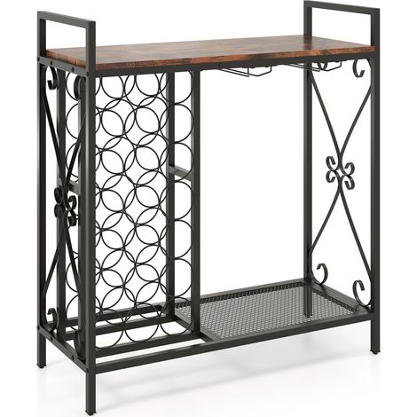 Casier à vin marron rustique 21 bouteilles en bois et métal avec porte-verres et étagère, pour cuisine et salle à manger (1/5)