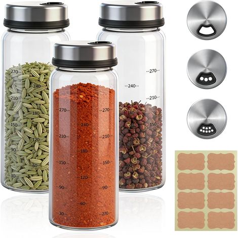 Lot de 3 Pots à épices, Verre borosilicate, Couvercle rotatif, 300 ml, Hermétique, Cuisine, Barbecue (1/5)