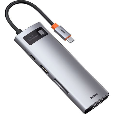 HUB USB multifonctionnel 8 en 1 USB-C PD 100 W HDMI Lecteur de cartes SD et microSD 3x USB 3.2 RJ45 Gris (1/5)