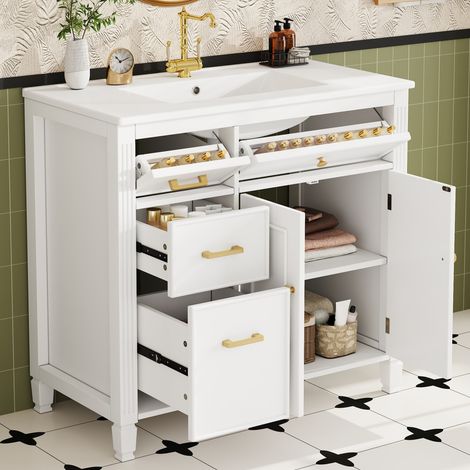 DESMIU Meuble Sous Vasque avec Vasque Céramique, 4 Tiroirs, 1 Porte, pour Salle de Bain, Blanc, 91 × 46.5 × 87 cm (1/5)