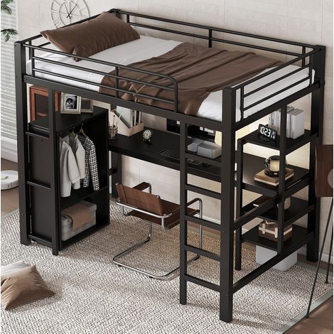 Letto rialzato bambini 90x200 cm con scrivania, armadio, ripiano portaoggetti e scala a 5 gradini, nero, senza materasso (1/5)