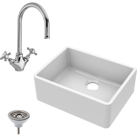 Fireclay Kitchen Bundle - 595mm Single Bowl Butler Sink + Strainer Waste & Mono Lever Handle Mixer Tap - Brushed Brass Balterley (1/4)