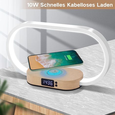 Lampada da comodino con caricabatterie wireless, touch con porta USB, caricabatterie a induzione con orologio, lampada da tavolo con 3 modalità colore e dimmerabile, legno e bianco (1/4)
