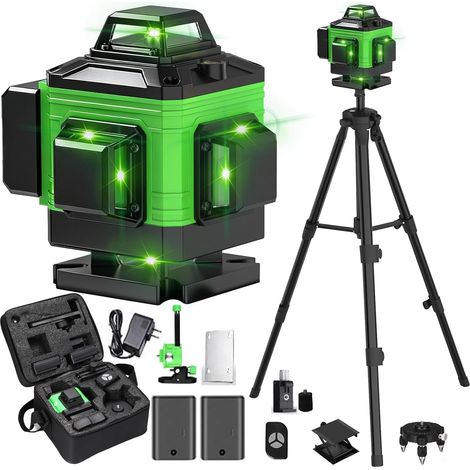 Niveau Laser Autonivelant 360° X 4, Lazer Niveaux Chantier 4d 16 Lignes Laser, Mode Impulsion ExtéRieur, 2 X Batterie,Nivellement Automatique, Support Rotatif, TéLéCommande (Vert avec trépied) (1/5)