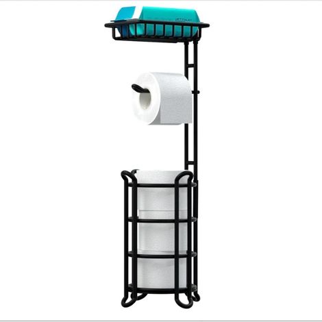 Toilet Paper Holder Stand with Shelf Tissue Holders for Bathroom Free Standing Bath Tissue Roll Holder Magazine Rack for Mega Rolls/Phone/Wipe-Black (1/5)