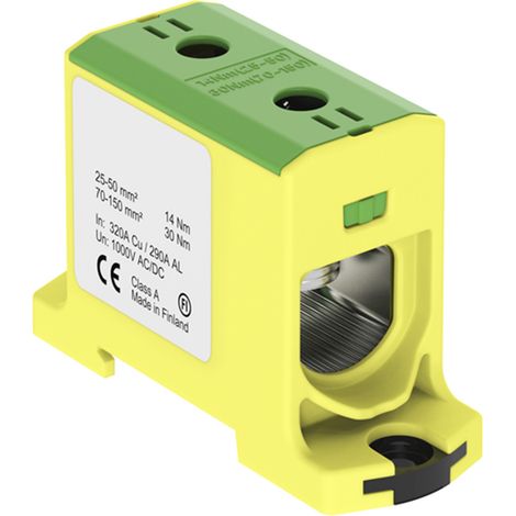 Connecteur alu cuivre vert jaune pour câble de section 25 à 150mm² - 1000V AC/DC - Fixation rail DIN (1/2)