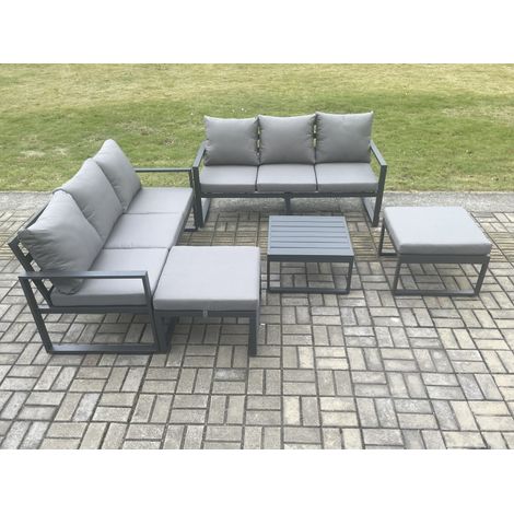 Fimous Aluminium 5 Pieces Garden Furniture Sofa Set with Cushions 8 Seater Outdoor Patio Set with Square Coffee Table 2 Big Footstools Dark Grey (1/5)
