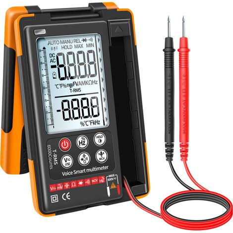 Q60S Digitalmultimeter mit Sprachsteuerung, TRMS 6000 Counts, misst Spannung, Strom, Widerstand, Kapazität, Temperatur, Dioden, NCV, Durchgang, eingebaute Taschenlampe.