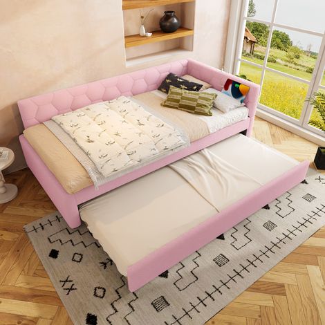 MEUBLIV Cama 90x200 cm rosa con cama nido y USB, sin colchón (1/5)