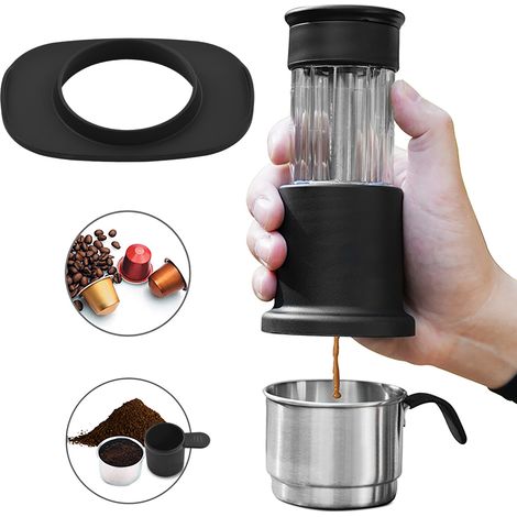 Cafetière portable 2 en 1, machine de voyage compatible avec capsules NES et presse manuelle moulue avec tasse en acier inoxydable de 120 ml, support adaptateur pour réservoir d'eau de 80 ml (1/5)