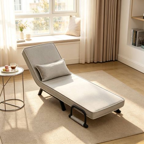 Poltrona letto 65x78x75 cm grigio chiaro in lino e metallo con schienale regolabile 3 in 1 (1/5)