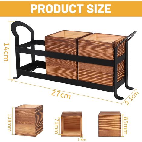 lalago 3 Pièces Range-Couverts en Bois et Métal, Porte-Couverts en Bois pour Table, Panier Cuillères avec Support Métallique, Organiseur Décor de Table pour Cuisine Marron