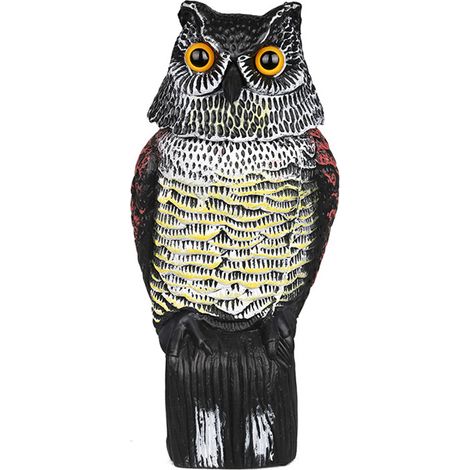 Leurre de hibou grand-duc avec différents cris et tête rotative, statue de hibou pour effrayer les oiseaux dans un patio, une cour ou un jardin. (1/5)