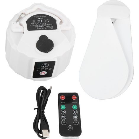 Ventilateur de plafond portable alimenté par USB avec télécommande rechargeable et lumière LED, idéal pour le camping, la randonnée et les dortoirs. (1/4)