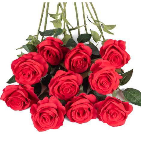 Lot de 10 Roses artificielles en Soie Rouge à Longue Tige pour Bouquet de Mariage, Centre de Table, décoration d'intérieur (1/5)