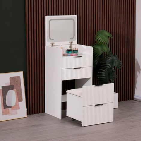 WestWood Makeup Vanity Dressing Table Stool Set Flip Top LED Mirror Storage Ribbed Front (1/5)