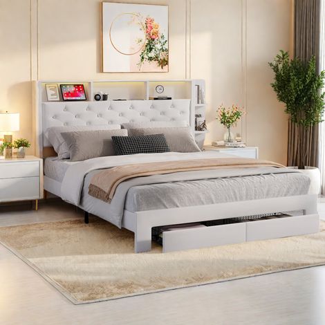 Lit 160x200 avec sommier led et usb, tête de lit avec rangement, lit double pour adultes et adolescents, blanc velours, sans matelas (1/5)
