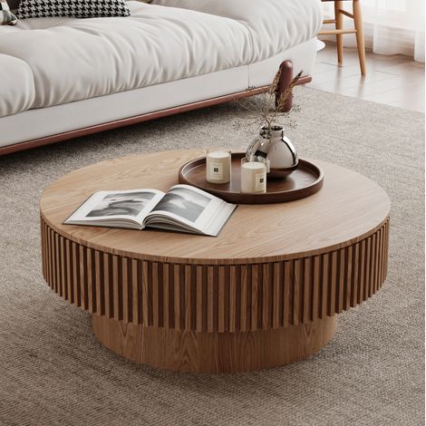 Runder Couchtisch mit verborgenem Stauraum Ø 75 cm, MDF mit Holzfurnier, Naturholz, HAVRYA (1/5)
