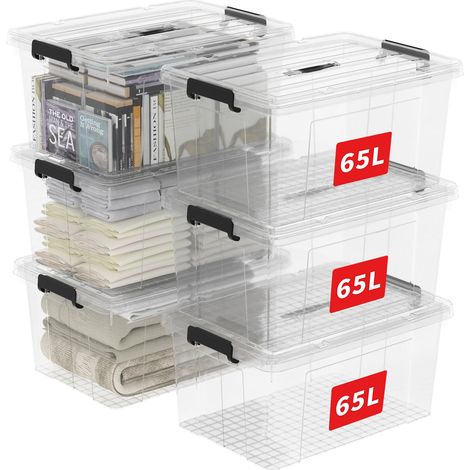 65L6 Boîte de Rangement, Bac de rangement avec Poignée, Plastique Organisateur avec Couvercle, Empilable, Transportable, pour Vêtements, Bureau, Chambre, Dortoirs, Transparent, 65L - Lot de 6 (1/5)