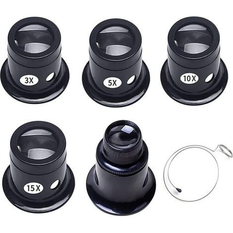 Set di 5 lenti d'ingrandimento per orologiai con diversi ingrandimenti, kit di lenti d'ingrandimento per la riparazione di orologi, set di lenti d'ingrandimento per orologiai, 3X / 5X / 10X / 15X / 20 (1/4)