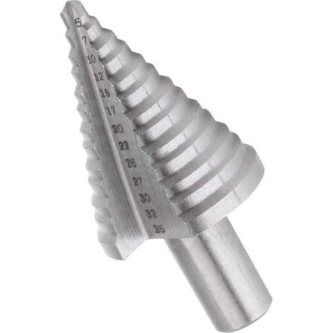 Stufenbohrer, doppelseitig geschlitzter konischer Stufenbohrer (5–35 mm) mit Titanbeschichtung, massiv, ideal zum Bohren in Stahl, Holz, Kunststoff, Messing, Aluminium und PVC (1/5)