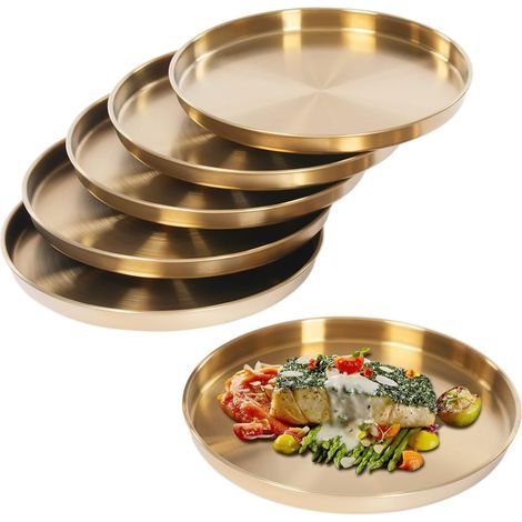6er-Set runde Serviertabletts aus Edelstahl – Golddekor – Praktische Aufbewahrung – Leicht stapelbar – Für Schmuck, Kosmetik, Make-up und Parfüm (1/5)