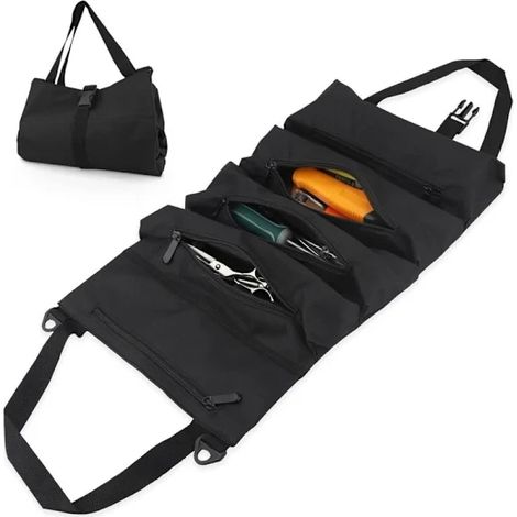 Sac à outils noir robuste avec 5 poches zippées, organisateur enroulable pour électriciens, plombiers et mécaniciens - Tissu Oxford portable (1/5)