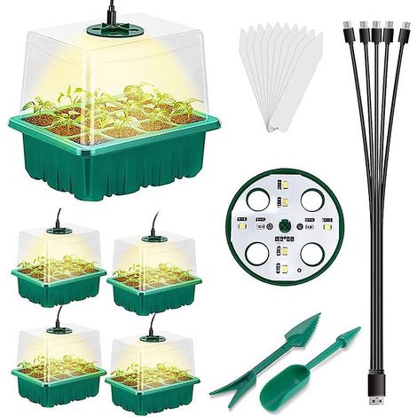 Mini serre d'intérieur avec 5 plateaux de semis, 60 cellules LED, couverture durable et ventilation (1/2)