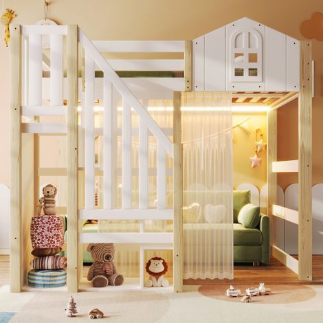 Lit mezzanine 140x200 cm, lit cabane avec LED, échelle de rangement et voilage, en bois, blanc et naturel, sans matelas