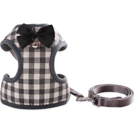 Filiyano-Laisse habillée pour chien, maille respirante, nœud papillon, clochette, harnais de poitrine (gris à carreaux, taille S) (1/5)