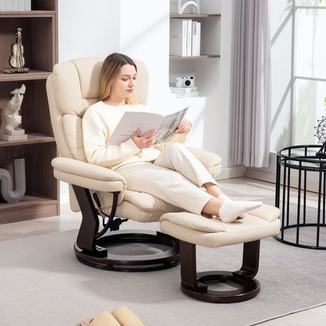 Fauteuil salon avec repose-pieds, chaise pivotante en PU, dossier inclinable, assise rembourrée, 86 x 83 x 107 cm, crème (1/5)