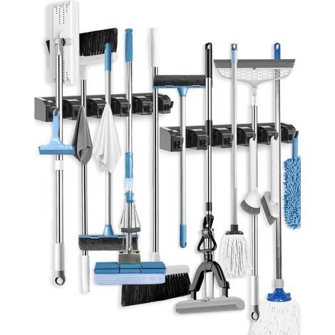 Porte-balai mural en ABS, avec 5 supports et 6 crochets, serrage à vis, pour garage ou cuisine