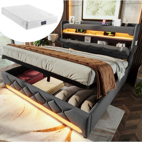 DESVIAE Lit double rembourré 140 x 200 cm avec matelas rangement hydraulique tête de lit avec USB Type C LED 360 degrés gris tissu (1/5)