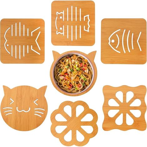 Dessous de plat en bambou – Support pour plats chauds, accessoires de cuisine décoratifs et fonctionnels (lot de 6), pour plats et casseroles. (1/4)