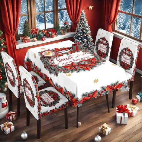 Ensemble nappe et housses de chaises imperméables de Noël à motif lait TC-175 (nappe imperméable 140210cm + 4 housses de chaises)