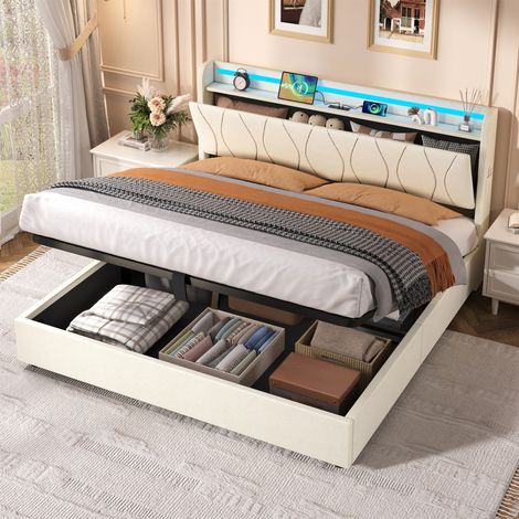Upholstered Bed Frame with Hydraulic Storage & LED Headboard - Modern Linen Bed with USB/Type-C Charging Station, Concealed Storage and No Box Spring Needed, Beige,5ft King Bed (1/5)